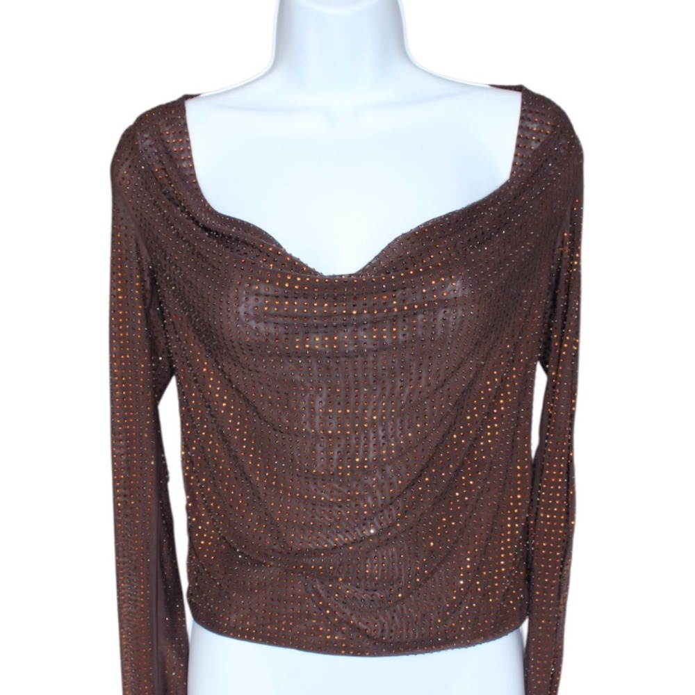 Zara Brown Sheer Long Sleeve Rhinestone Blouse Size S